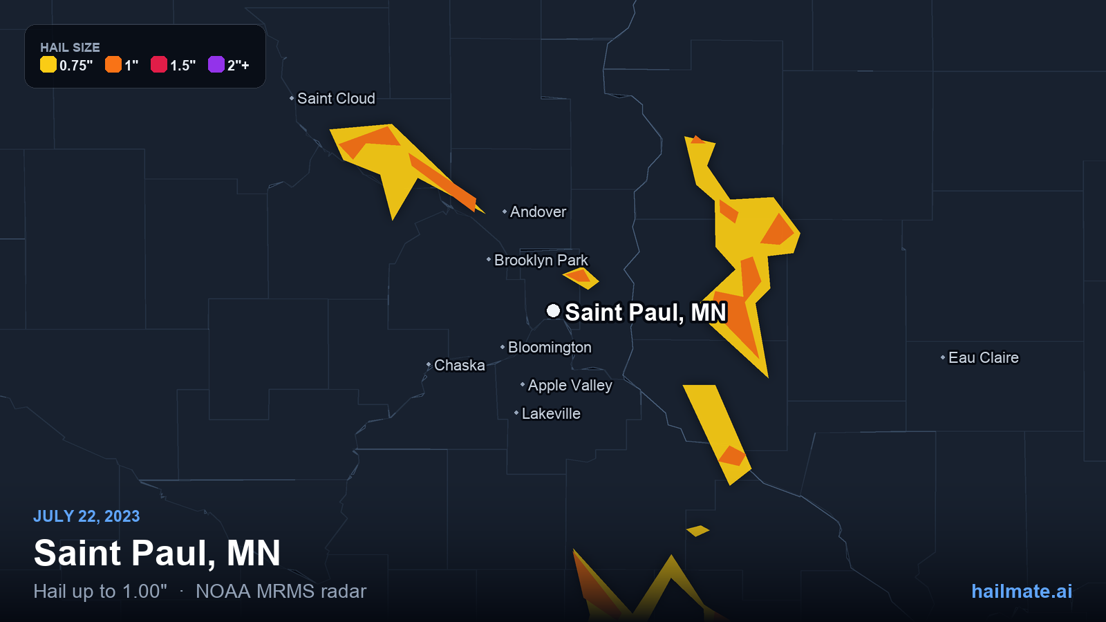 Hail swath map for Saint Paul, MN on July 22, 2023 showing 1.00 inch hail.