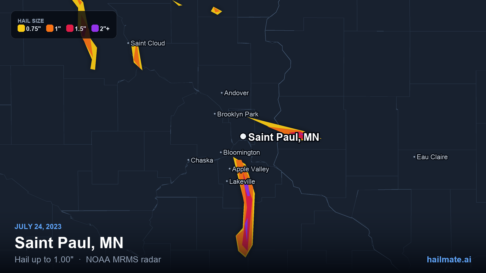 Hail swath map for Saint Paul, MN on July 24, 2023 showing 1.00 inch hail.