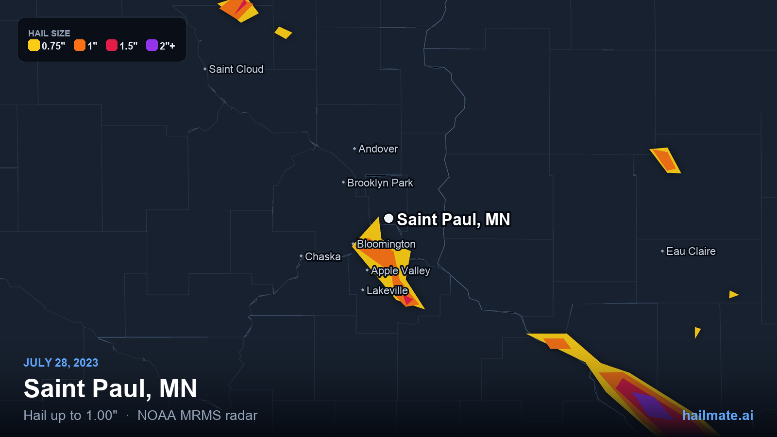 Hail swath map for Saint Paul, MN on July 28, 2023 showing 1.00 inch hail.