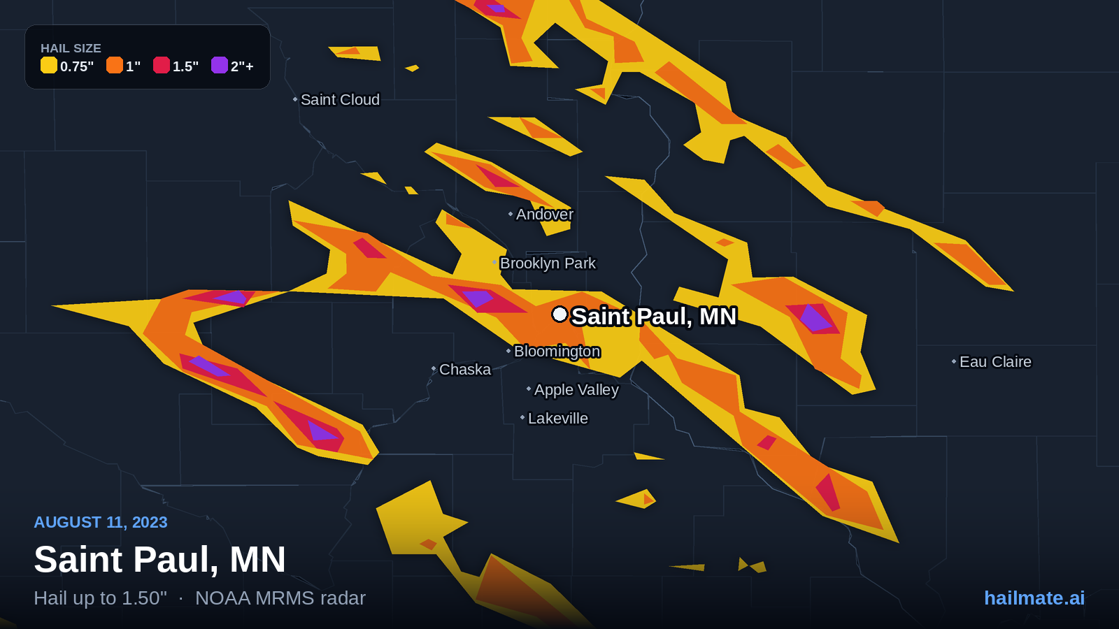 Hail swath map for Saint Paul, MN on August 11, 2023 showing 1.50 inch hail.