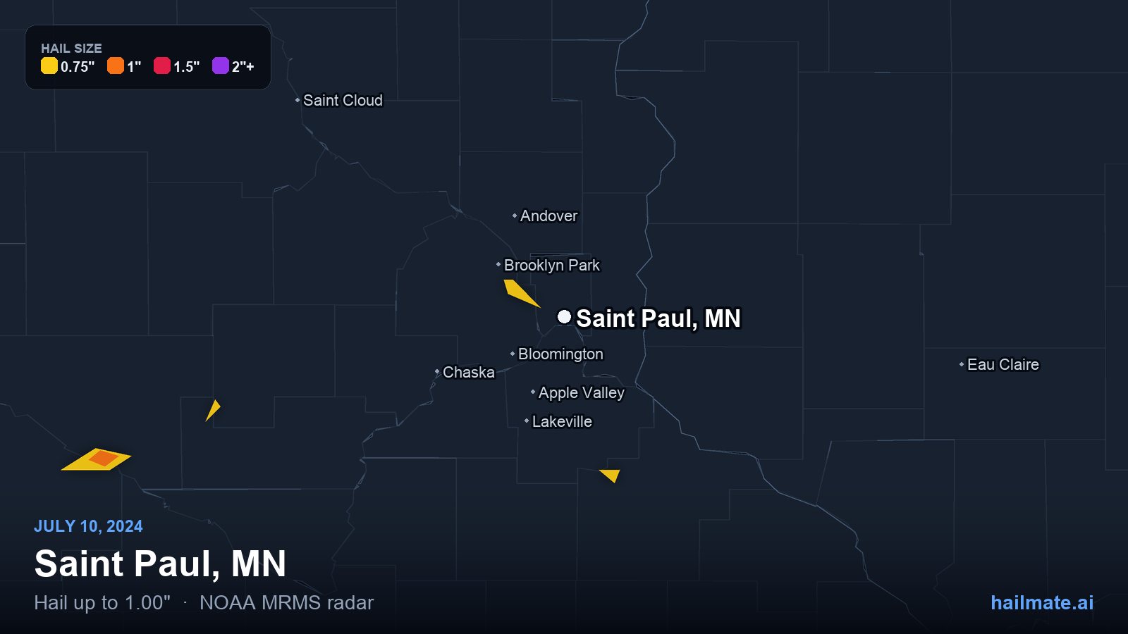 Hail swath map for Saint Paul, MN on July 10, 2024 showing 1.00 inch hail.