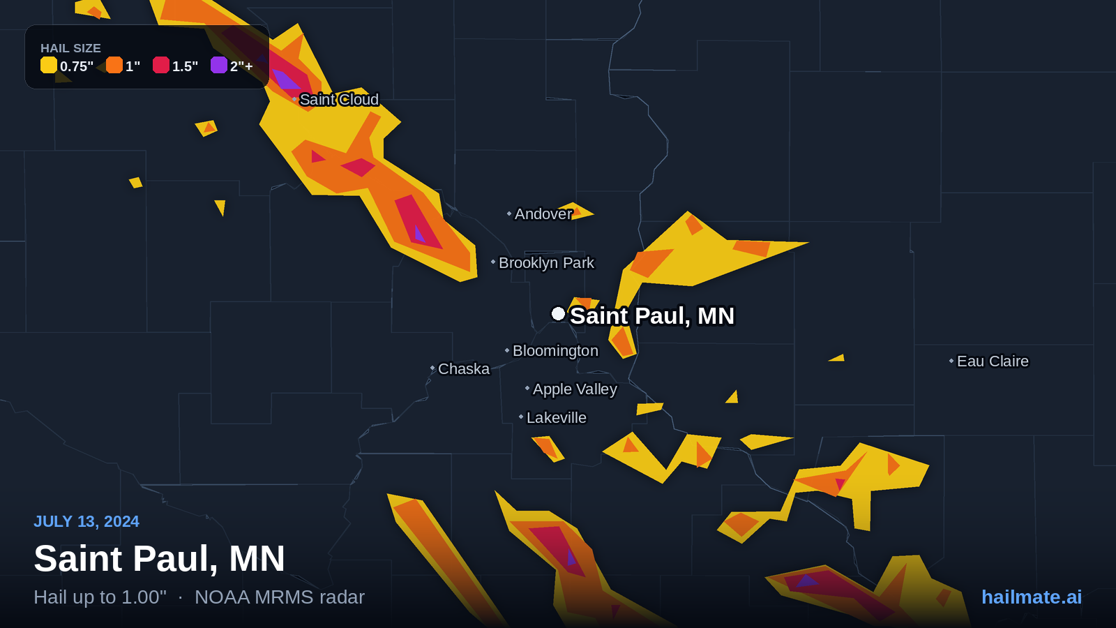 Hail swath map for Saint Paul, MN on July 13, 2024 showing 1.00 inch hail.