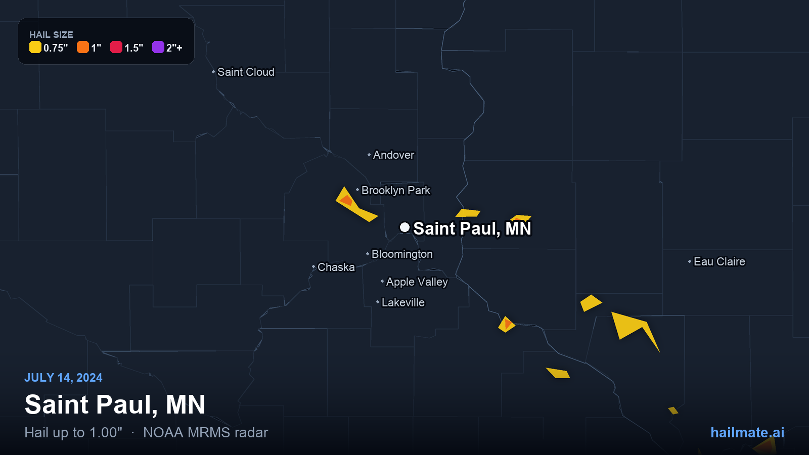 Hail swath map for Saint Paul, MN on July 14, 2024 showing 1.00 inch hail.