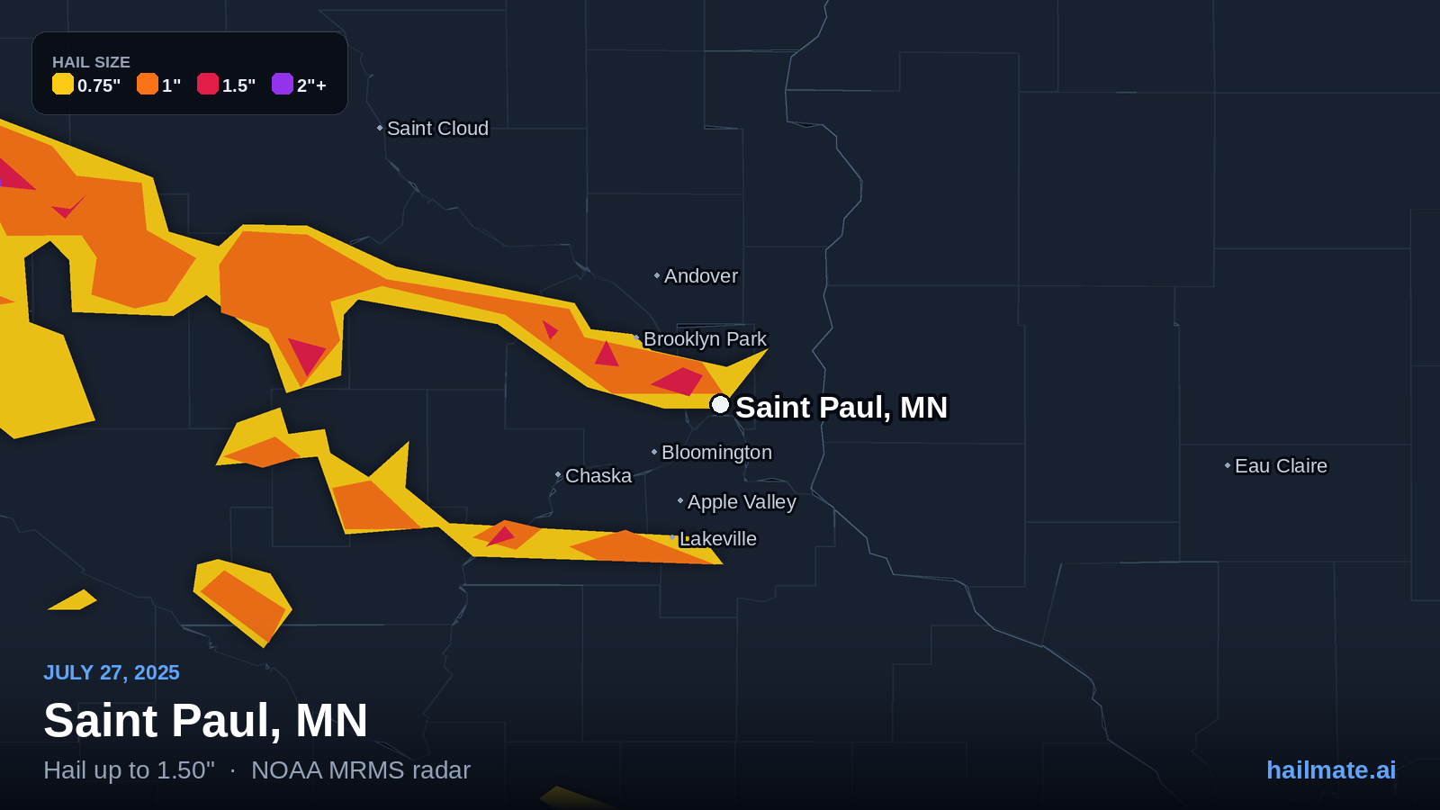 Hail swath map for Saint Paul, MN on July 27, 2025 showing 1.50 inch hail.