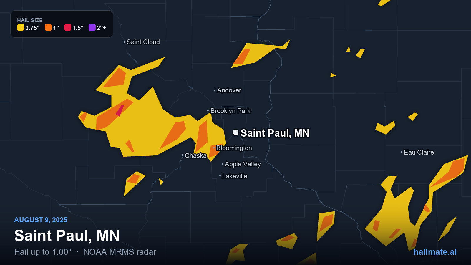 Hail swath map for Saint Paul, MN on August 9, 2025 showing 1.00 inch hail.