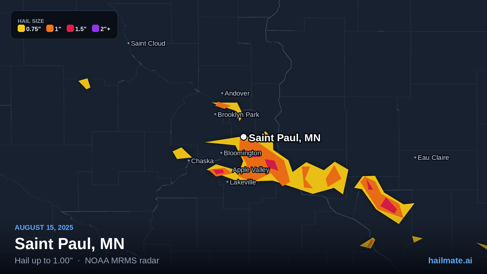 Hail swath map for Saint Paul, MN on August 15, 2025 showing 1.00 inch hail.