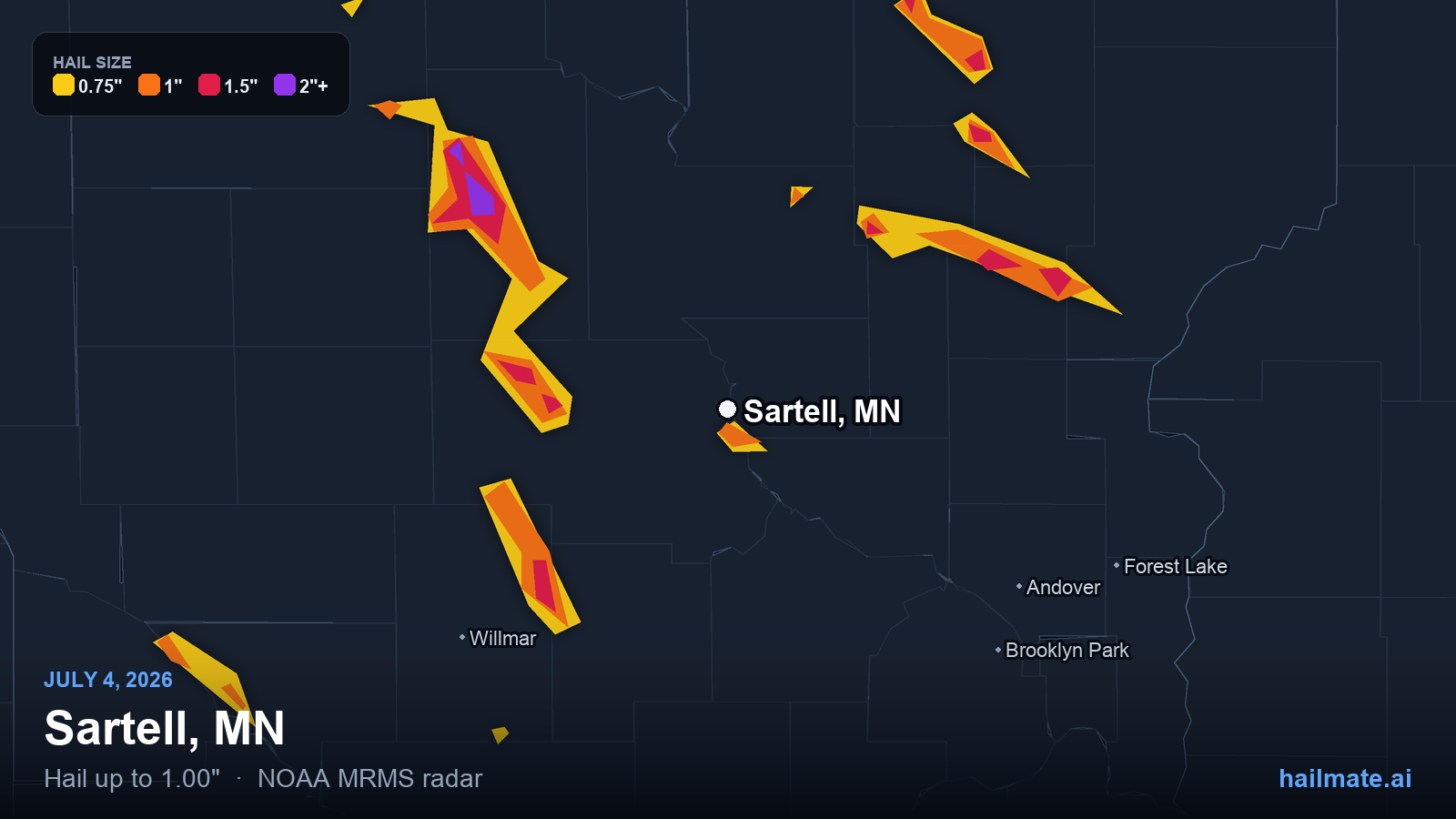 Hail swath map for Sartell, MN on July 4, 2026 showing 1.00 inch hail.