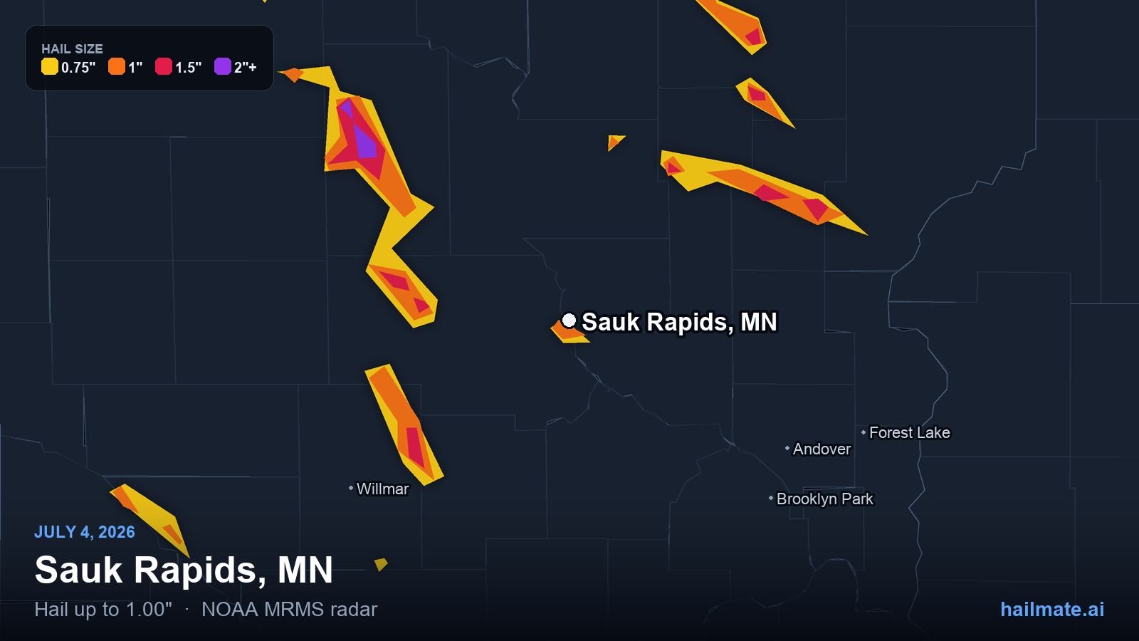 Hail swath map for Sauk Rapids, MN on July 4, 2026 showing 1.00 inch hail.
