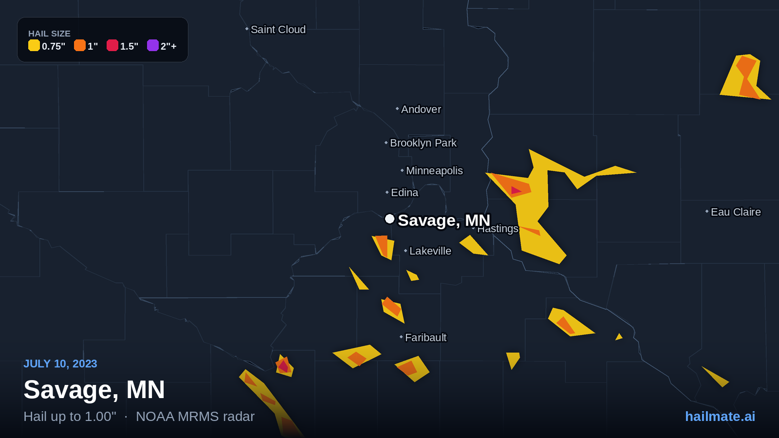 Hail swath map for Savage, MN on July 10, 2023 showing 1.00 inch hail.