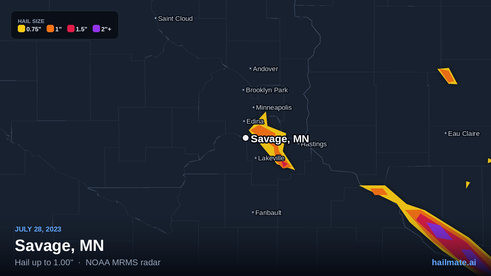 Hail swath map for Savage, MN on July 28, 2023 showing 1.00 inch hail.