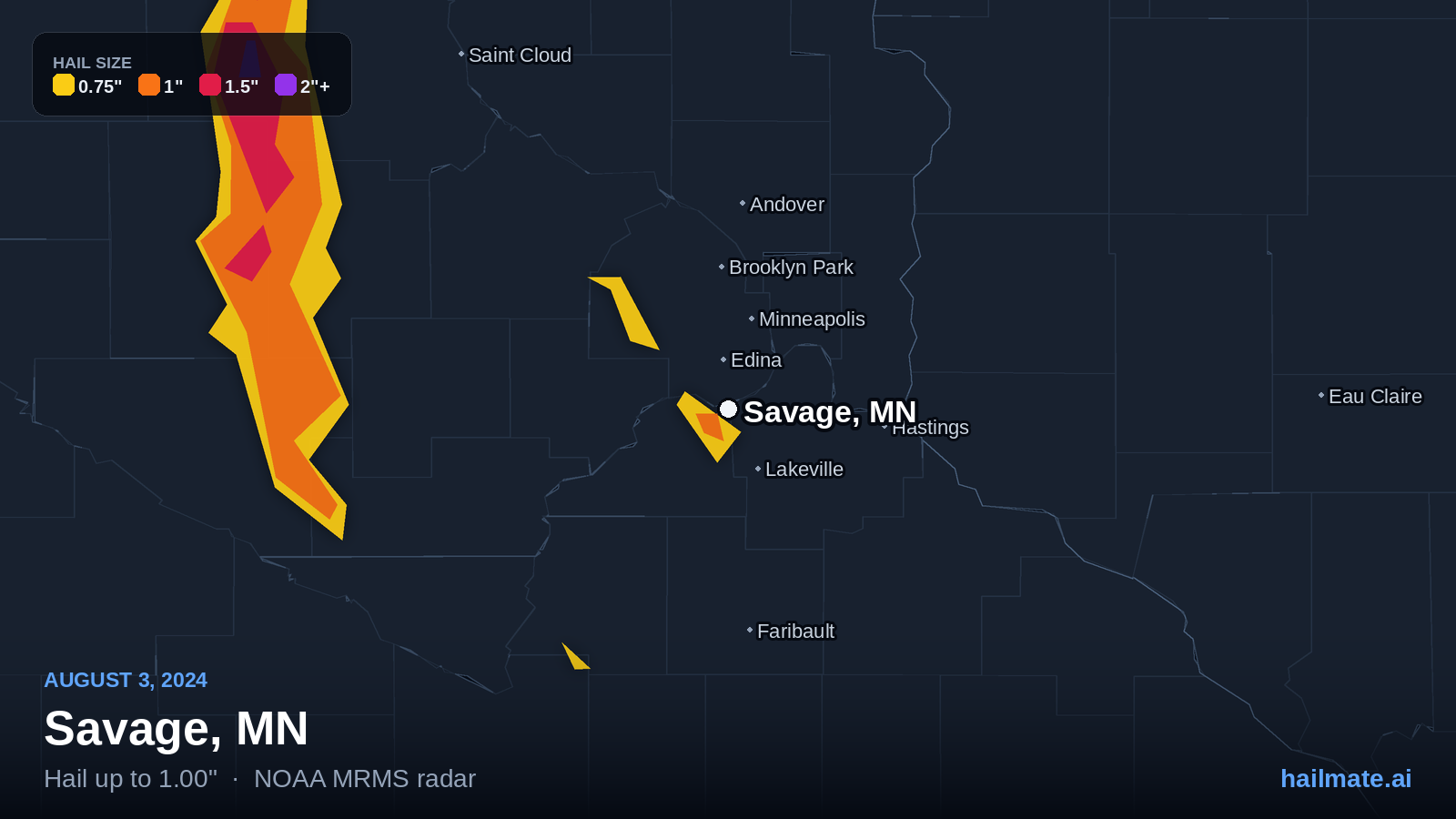 Hail swath map for Savage, MN on August 3, 2024 showing 1.00 inch hail.