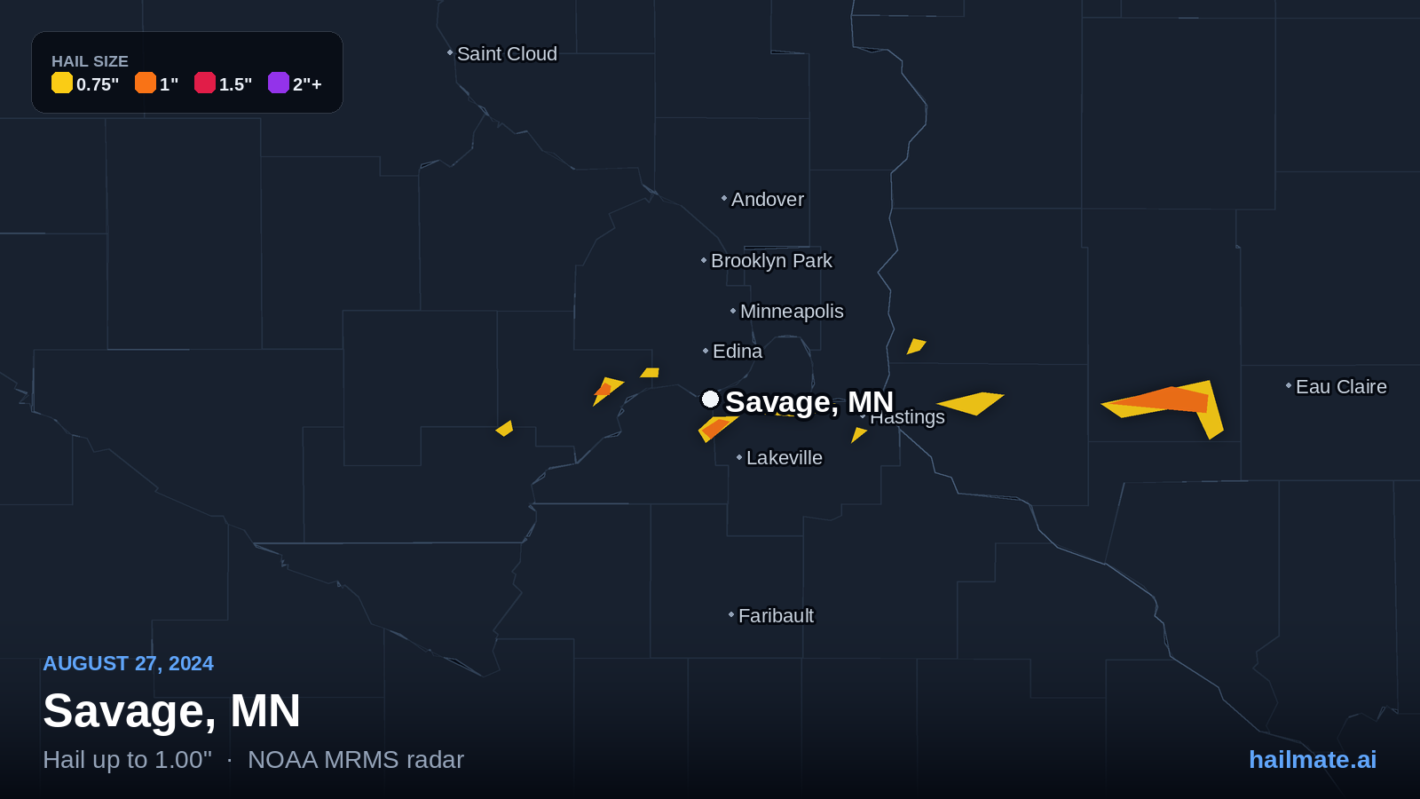 Hail swath map for Savage, MN on August 27, 2024 showing 1.00 inch hail.