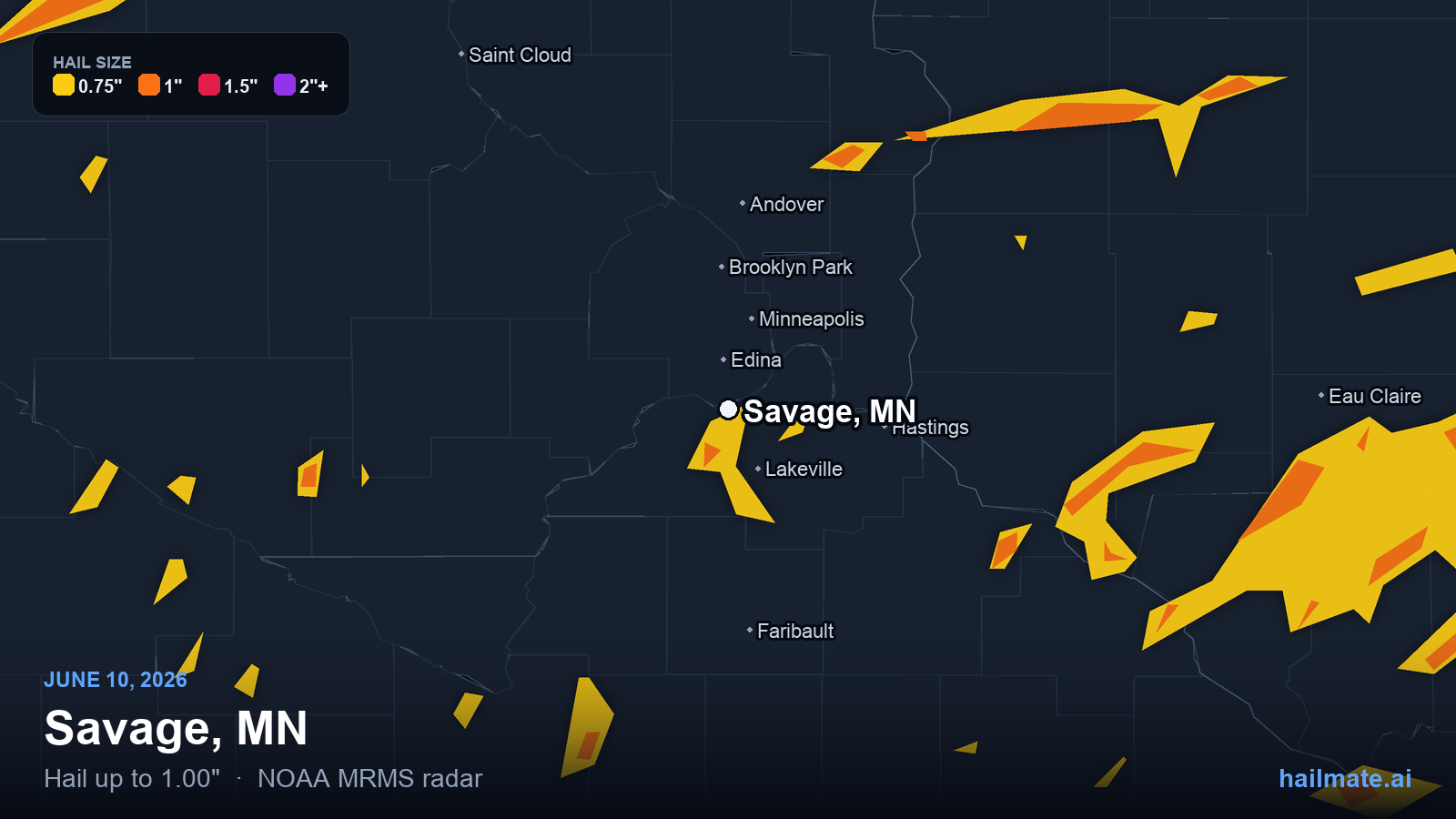 Hail swath map for Savage, MN on June 10, 2026 showing 1.00 inch hail.