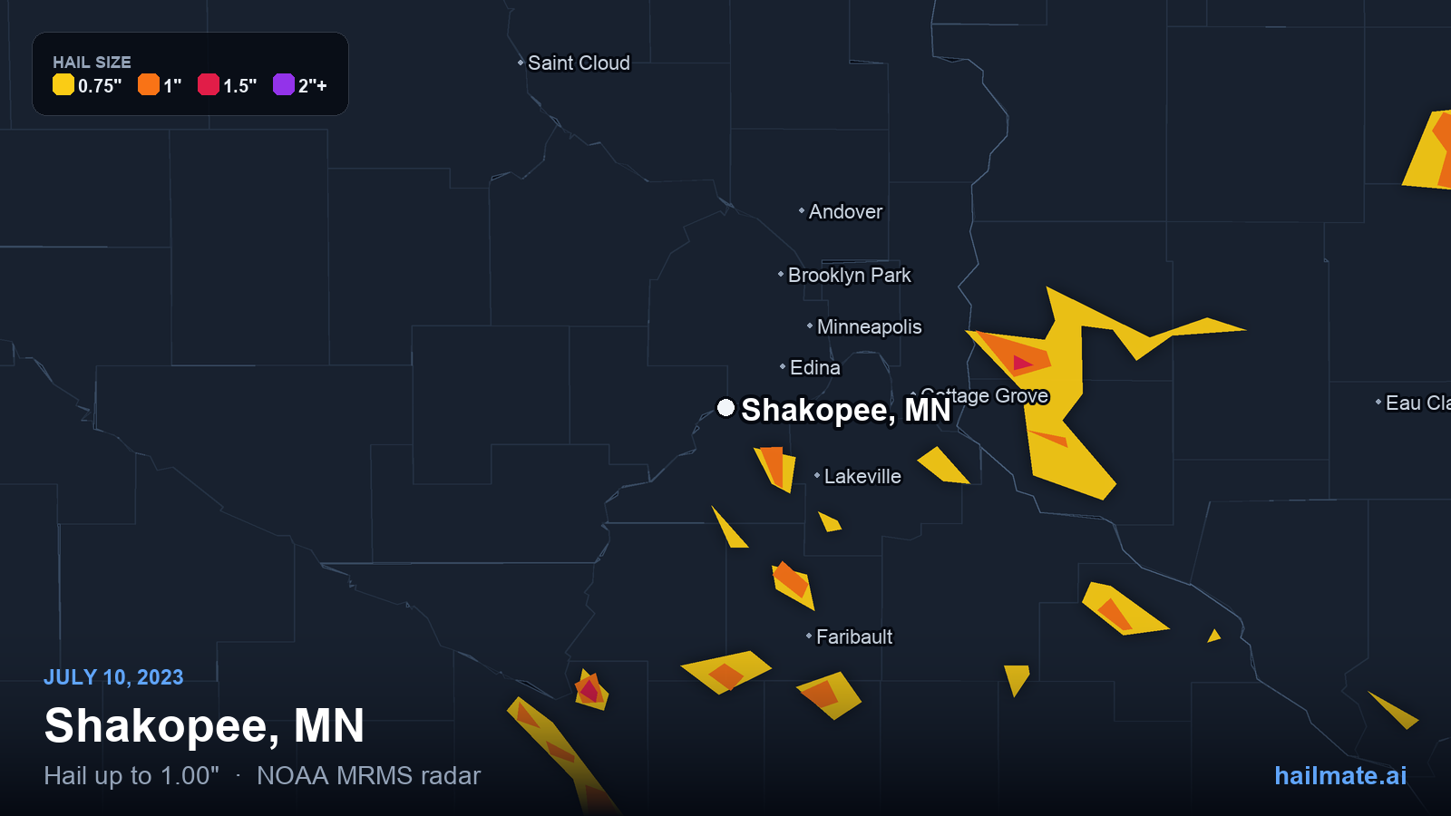 Hail swath map for Shakopee, MN on July 10, 2023 showing 1.00 inch hail.