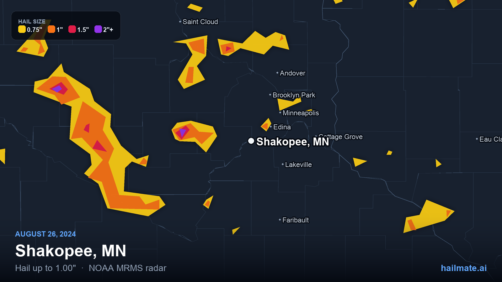 Hail swath map for Shakopee, MN on August 26, 2024 showing 1.00 inch hail.