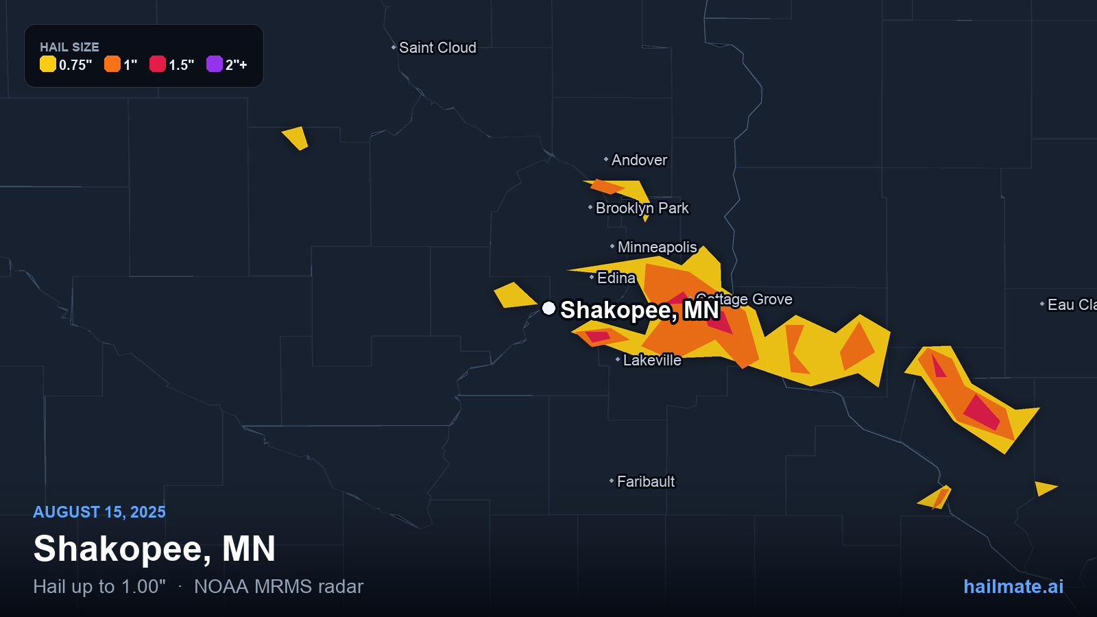 Hail swath map for Shakopee, MN on August 15, 2025 showing 1.00 inch hail.