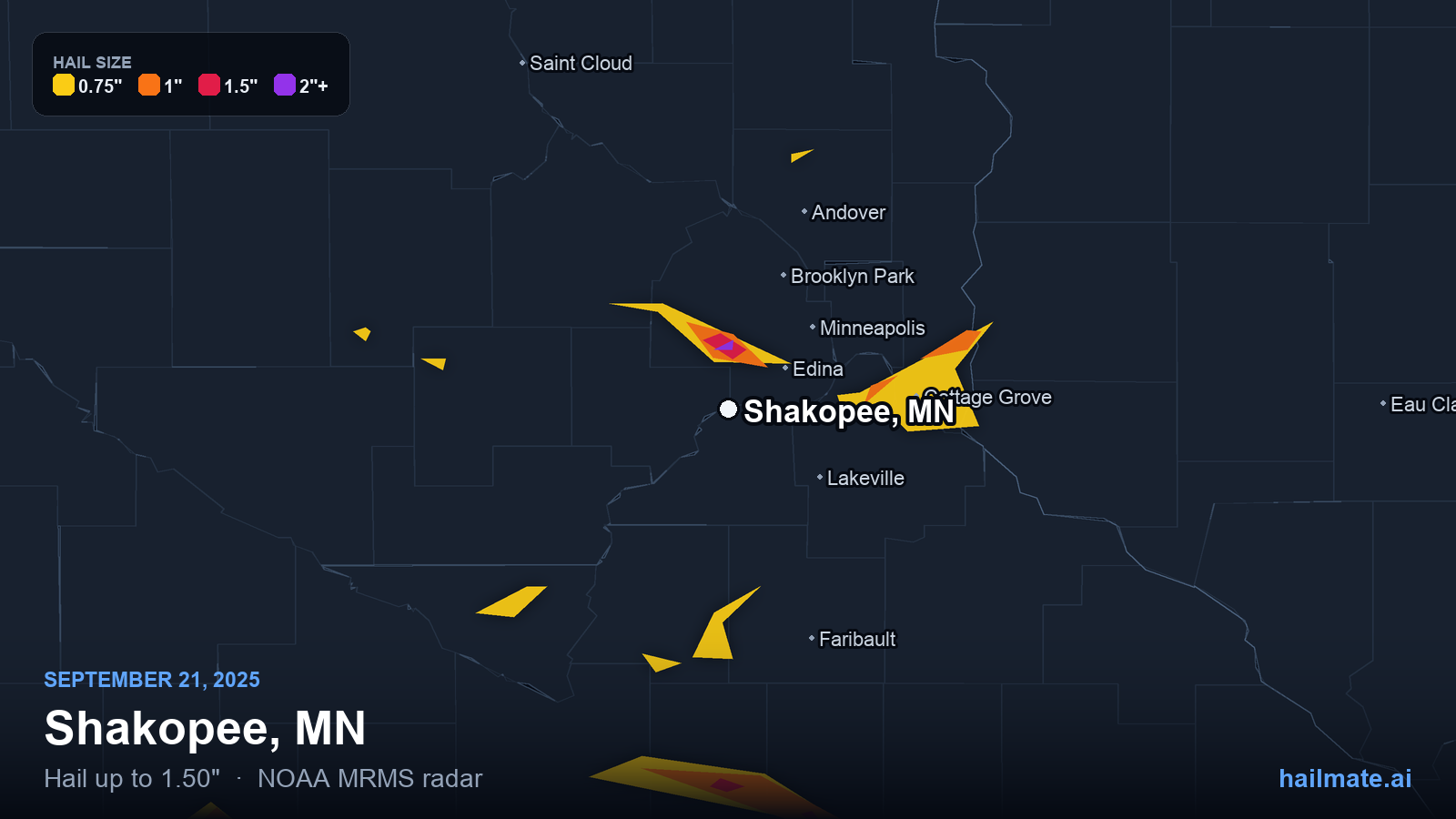 Hail swath map for Shakopee, MN on September 21, 2025 showing 1.50 inch hail.