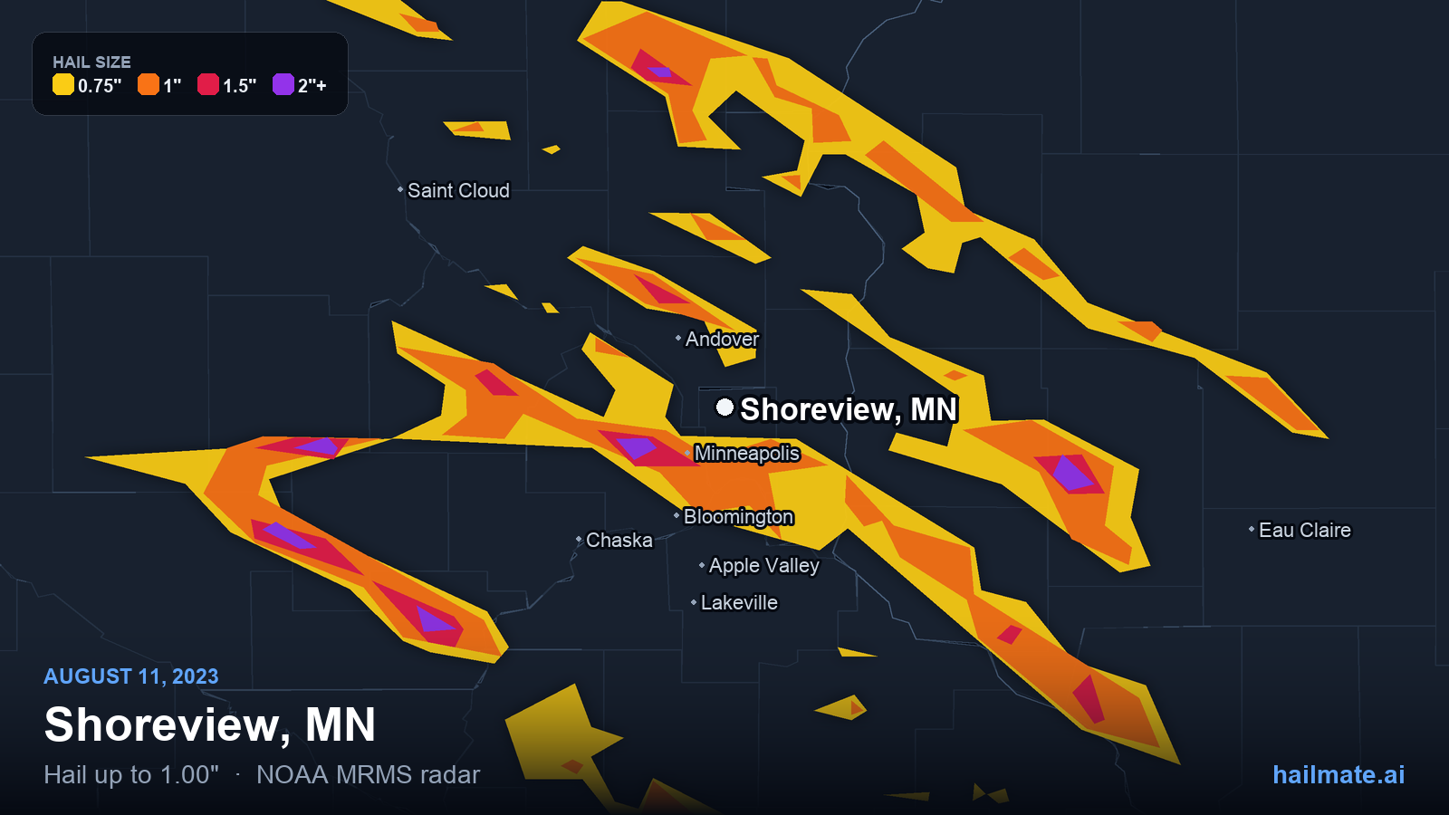 Hail swath map for Shoreview, MN on August 11, 2023 showing 1.00 inch hail.