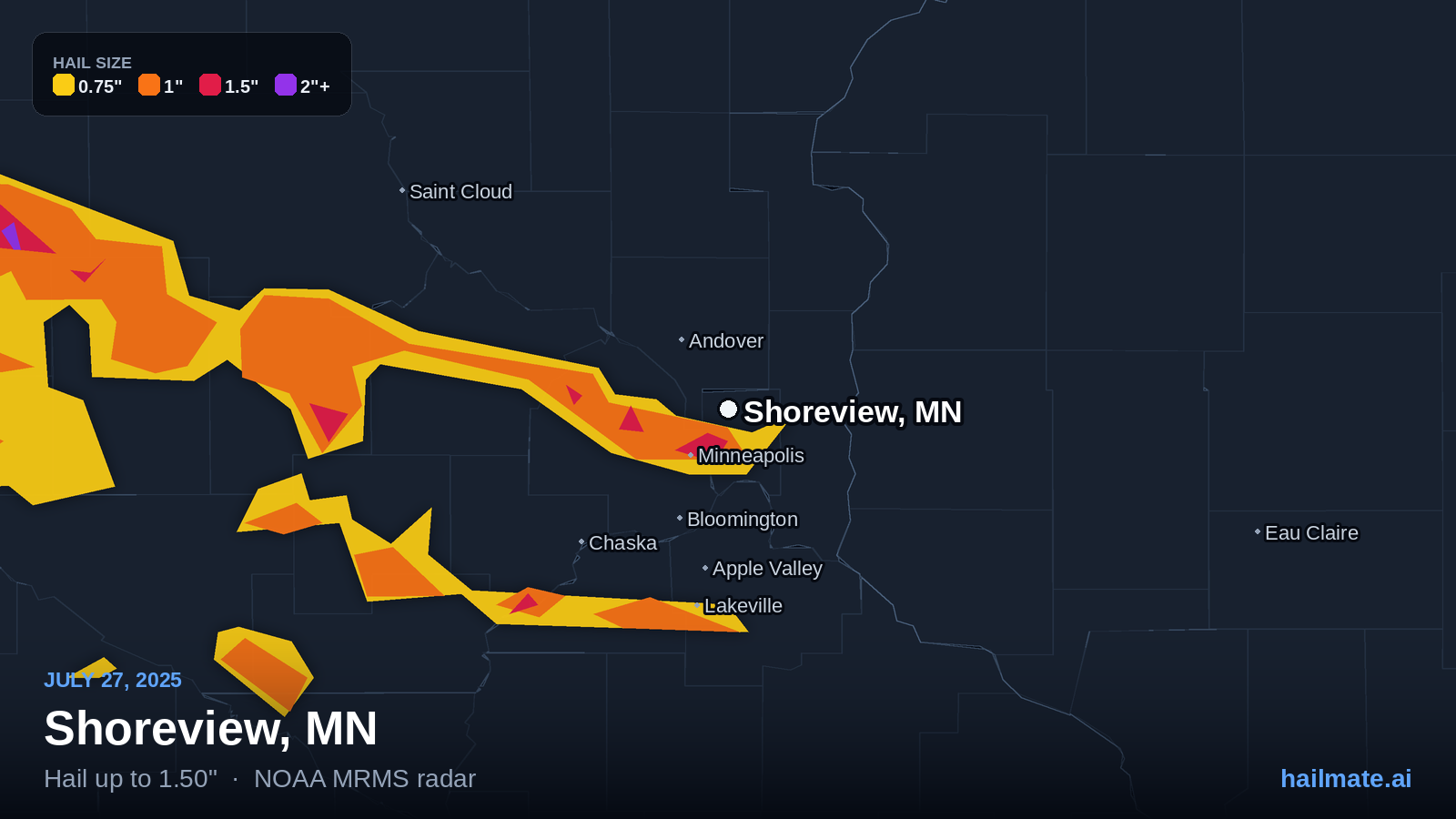 Hail swath map for Shoreview, MN on July 27, 2025 showing 1.50 inch hail.