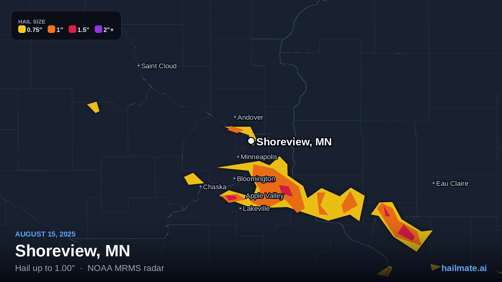 Hail swath map for Shoreview, MN on August 15, 2025 showing 1.00 inch hail.