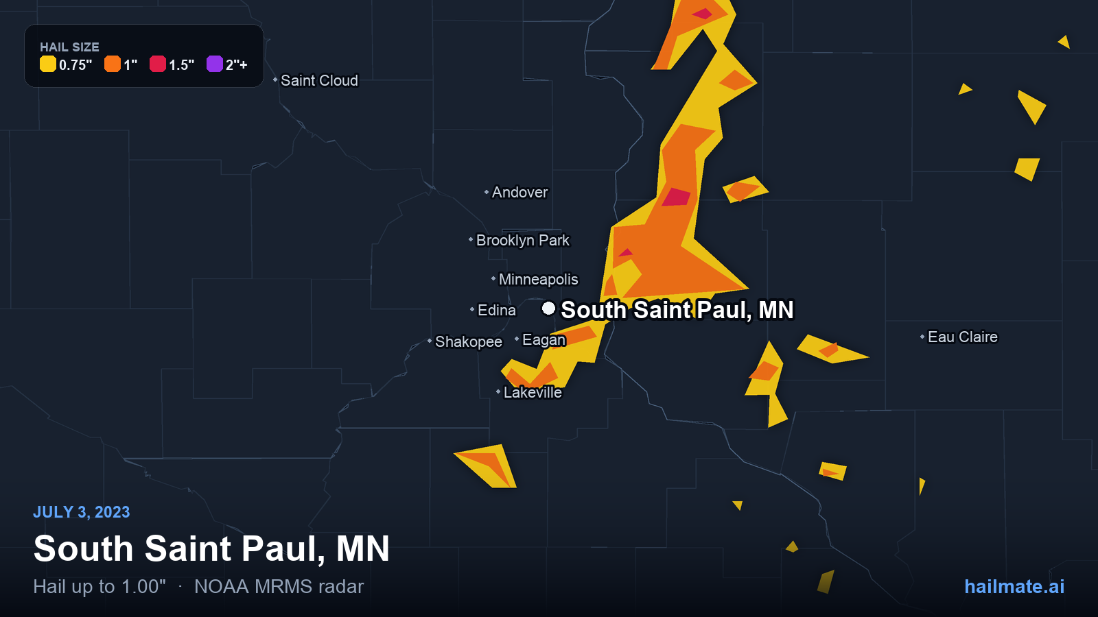 Hail swath map for South Saint Paul, MN on July 3, 2023 showing 1.00 inch hail.