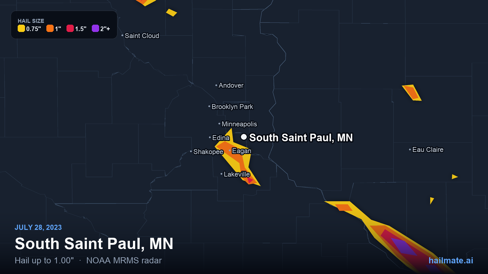 Hail swath map for South Saint Paul, MN on July 28, 2023 showing 1.00 inch hail.