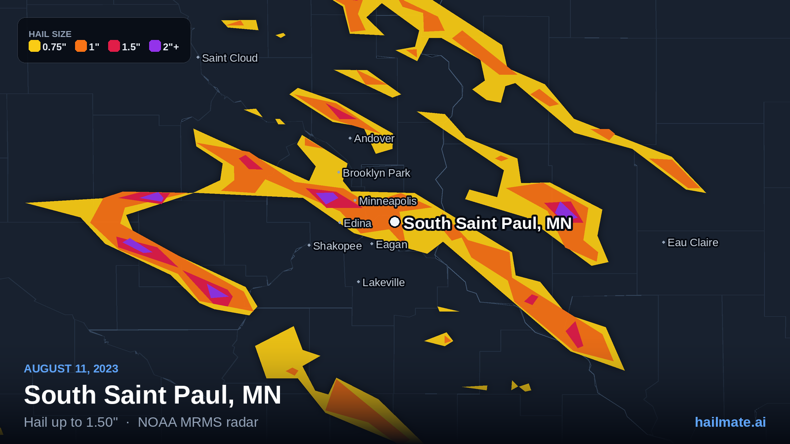 Hail swath map for South Saint Paul, MN on August 11, 2023 showing 1.50 inch hail.