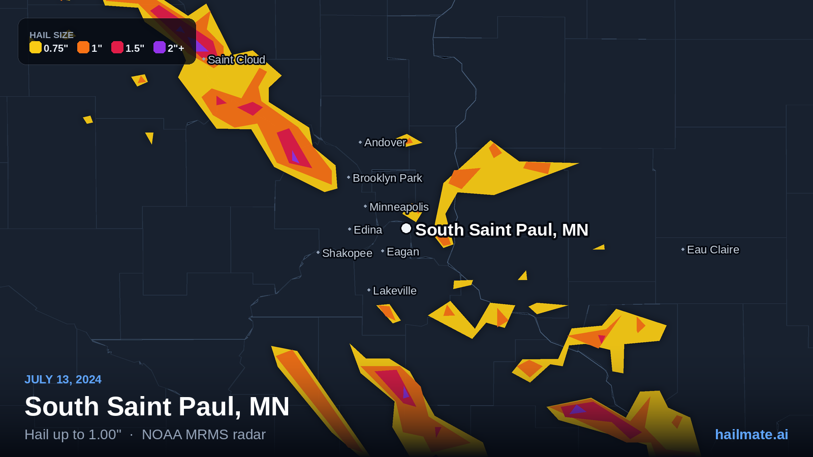 Hail swath map for South Saint Paul, MN on July 13, 2024 showing 1.00 inch hail.