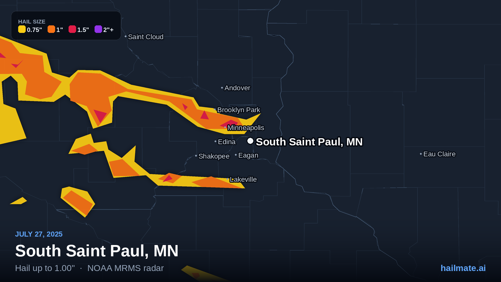 Hail swath map for South Saint Paul, MN on July 27, 2025 showing 1.00 inch hail.