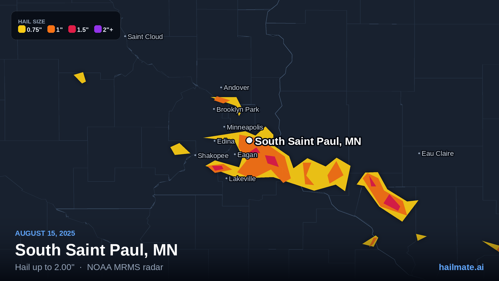 Hail swath map for South Saint Paul, MN on August 15, 2025 showing 2.00 inch hail.