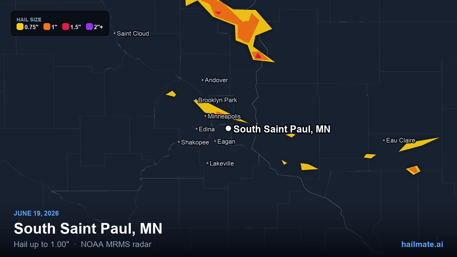 Hail swath map for South Saint Paul, MN on June 19, 2026 showing 1.00 inch hail.