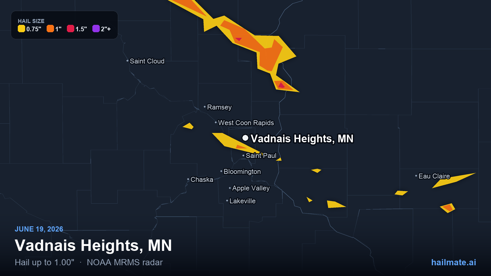 Hail swath map for Vadnais Heights, MN on June 19, 2026 showing 1.00 inch hail.