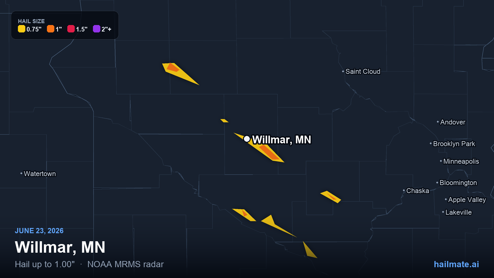 Hail swath map for Willmar, MN on June 23, 2026 showing 1.00 inch hail.
