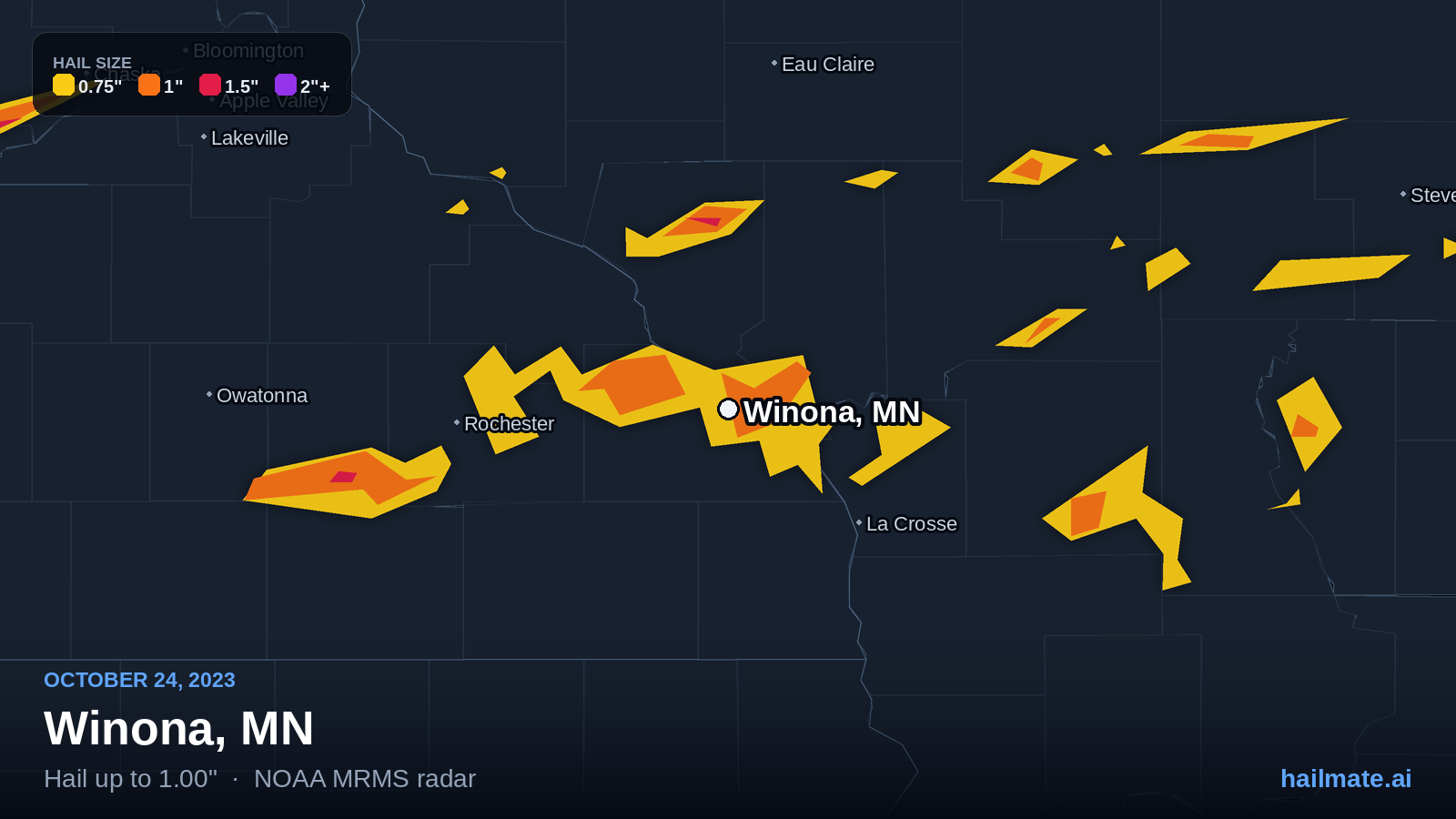 Hail swath map for Winona, MN on October 24, 2023 showing 1.00 inch hail.