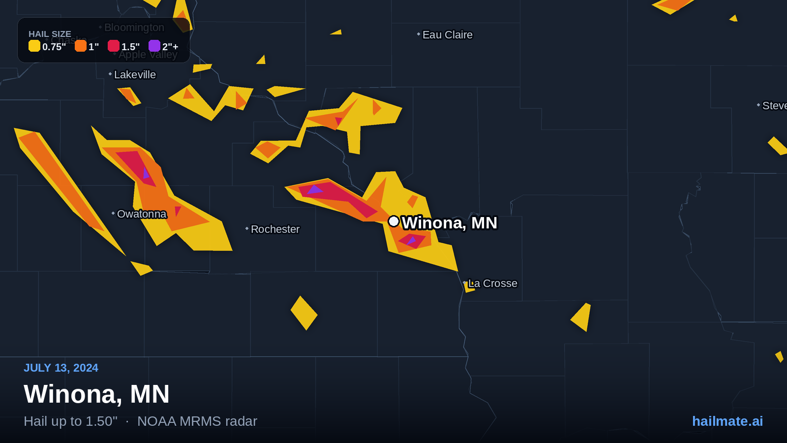 Hail swath map for Winona, MN on July 13, 2024 showing 1.50 inch hail.