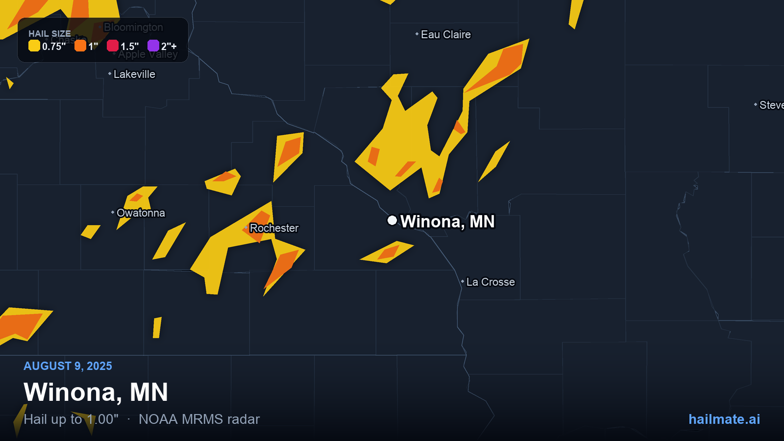 Hail swath map for Winona, MN on August 9, 2025 showing 1.00 inch hail.