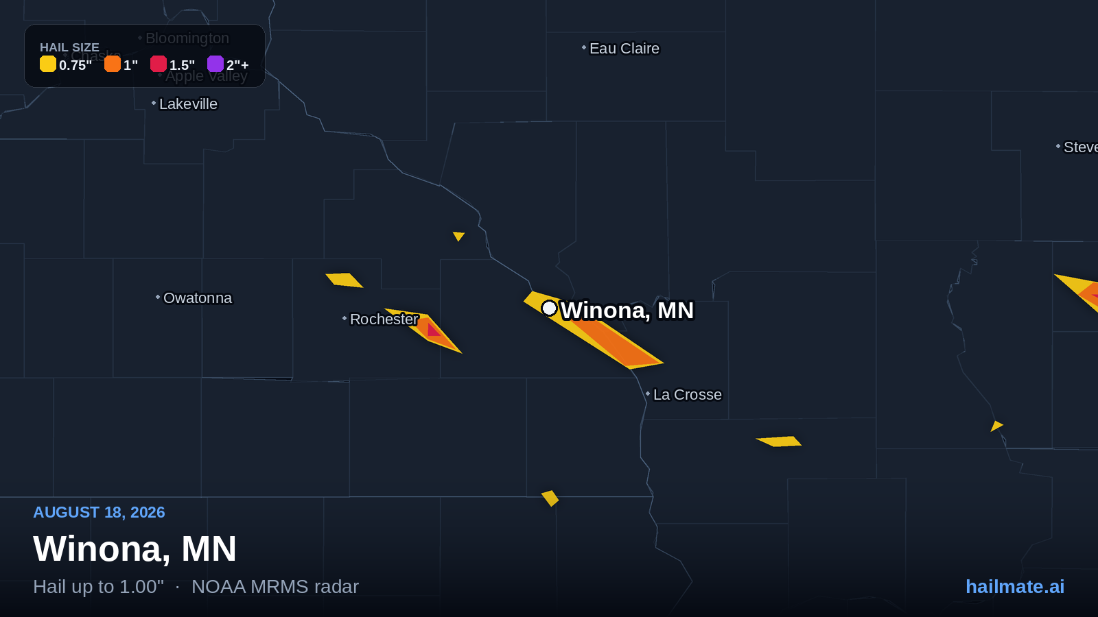 Hail swath map showing 1.00 inch hail over Winona, Minnesota on August 18, 2026.