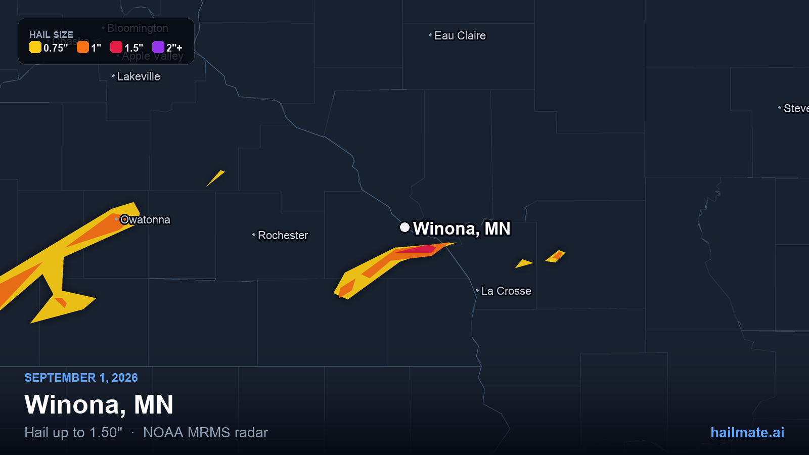 Hail swath map for Winona, MN on September 1, 2026 showing 1.50 inch hail.