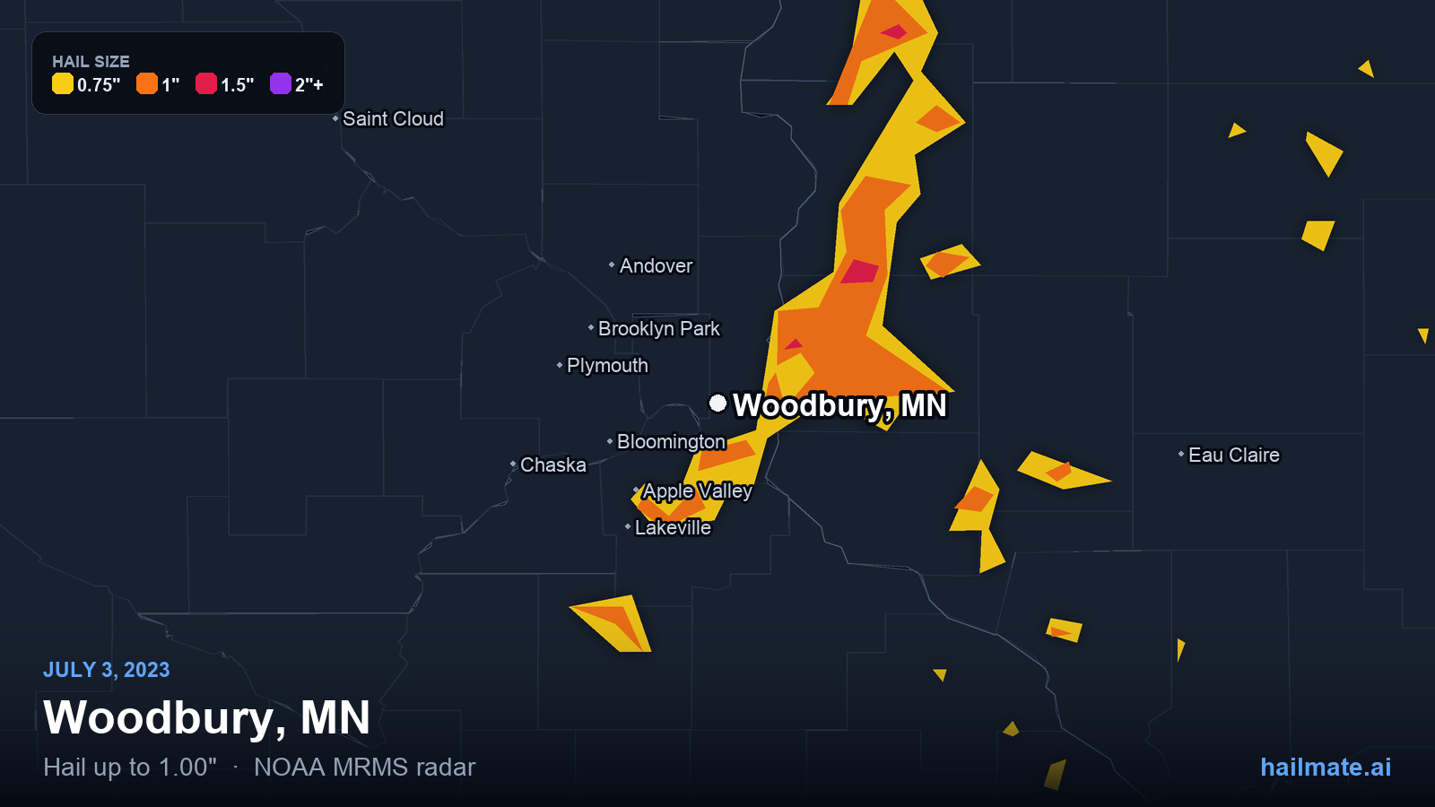 Hail swath map for Woodbury, MN on July 3, 2023 showing 1.00 inch hail.