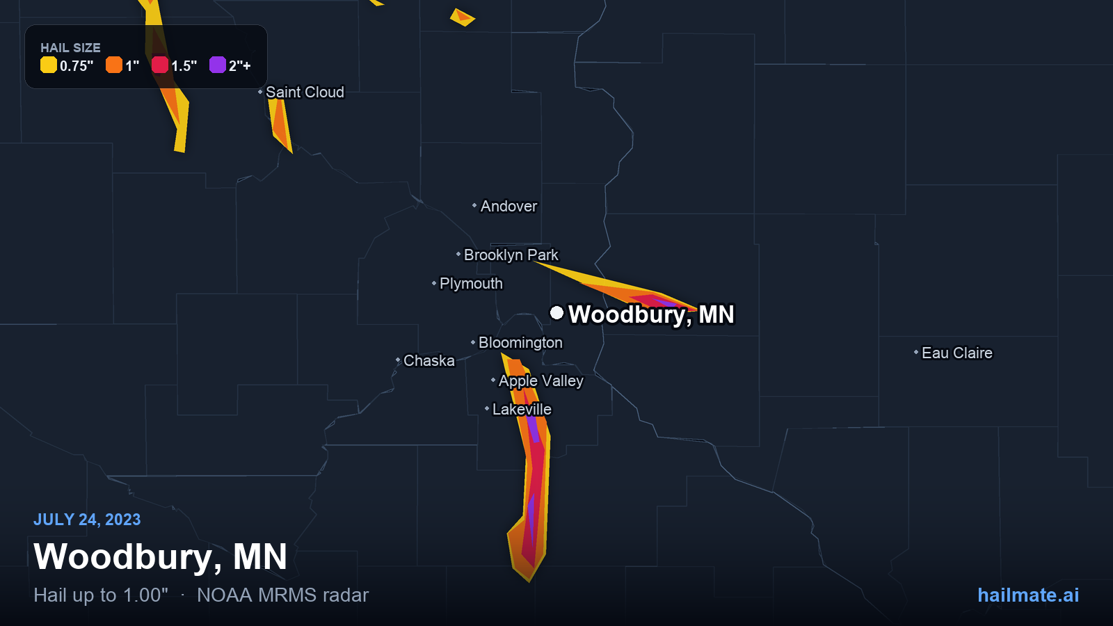 Hail swath map for Woodbury, MN on July 24, 2023 showing 1.00 inch hail.
