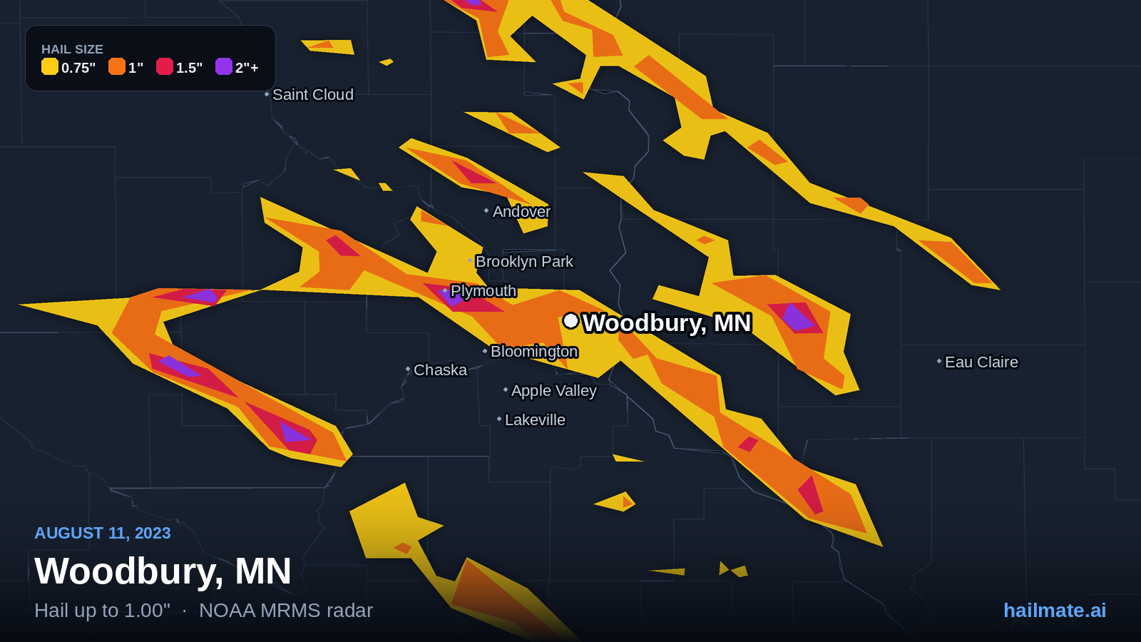 Hail swath map for Woodbury, MN on August 11, 2023 showing 1.00 inch hail.