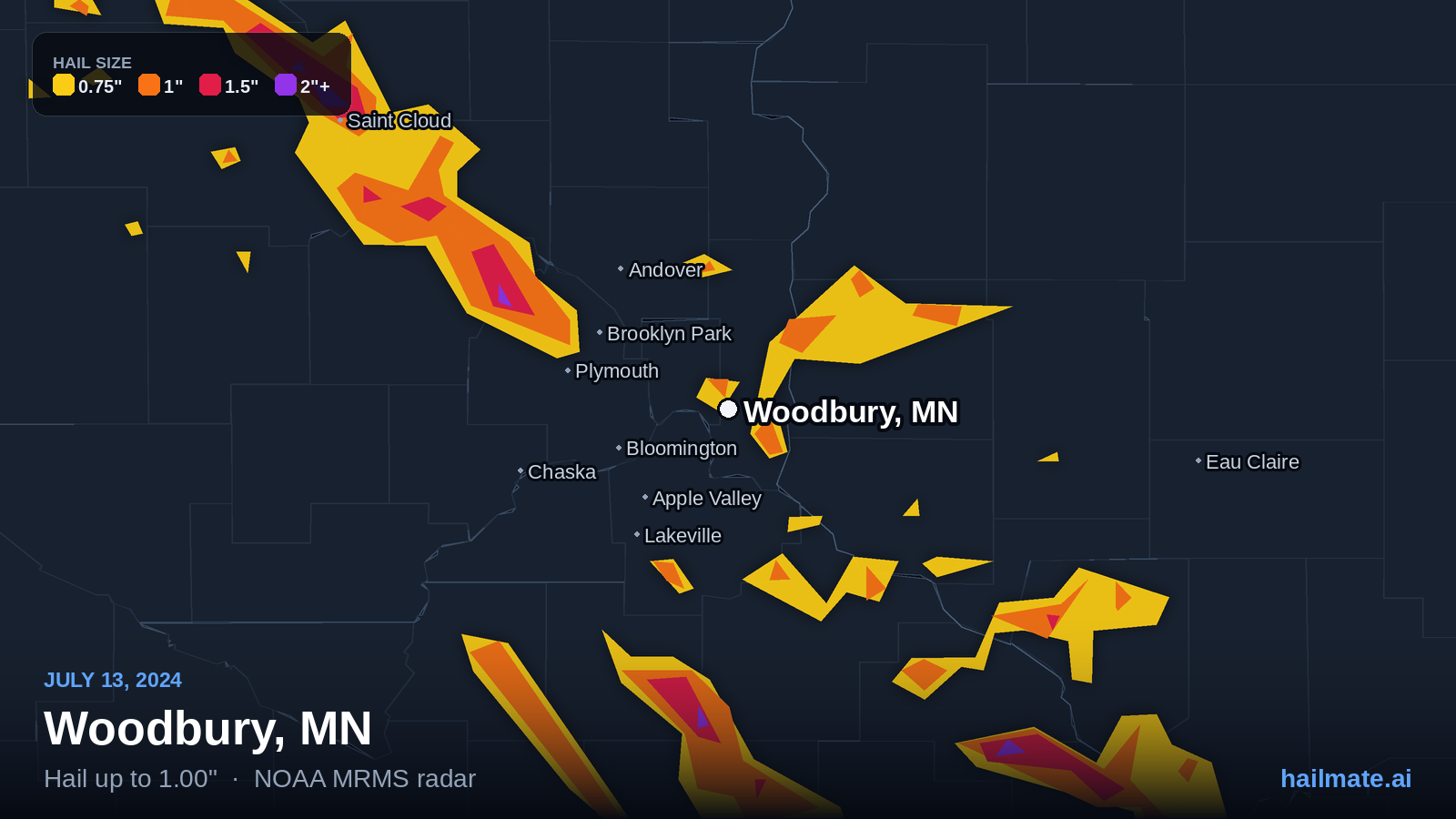 Hail swath map for Woodbury, MN on July 13, 2024 showing 1.00 inch hail.