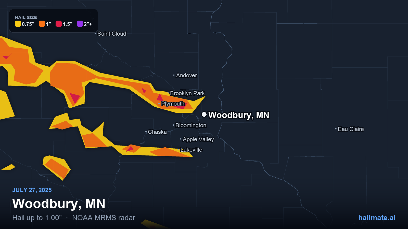 Hail swath map for Woodbury, MN on July 27, 2025 showing 1.00 inch hail.