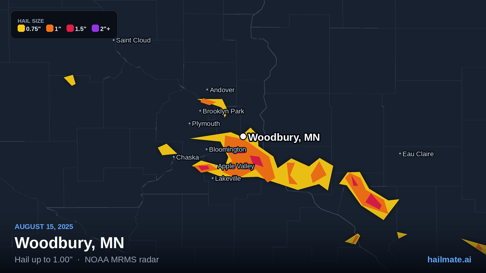 Hail swath map for Woodbury, MN on August 15, 2025 showing 1.00 inch hail.