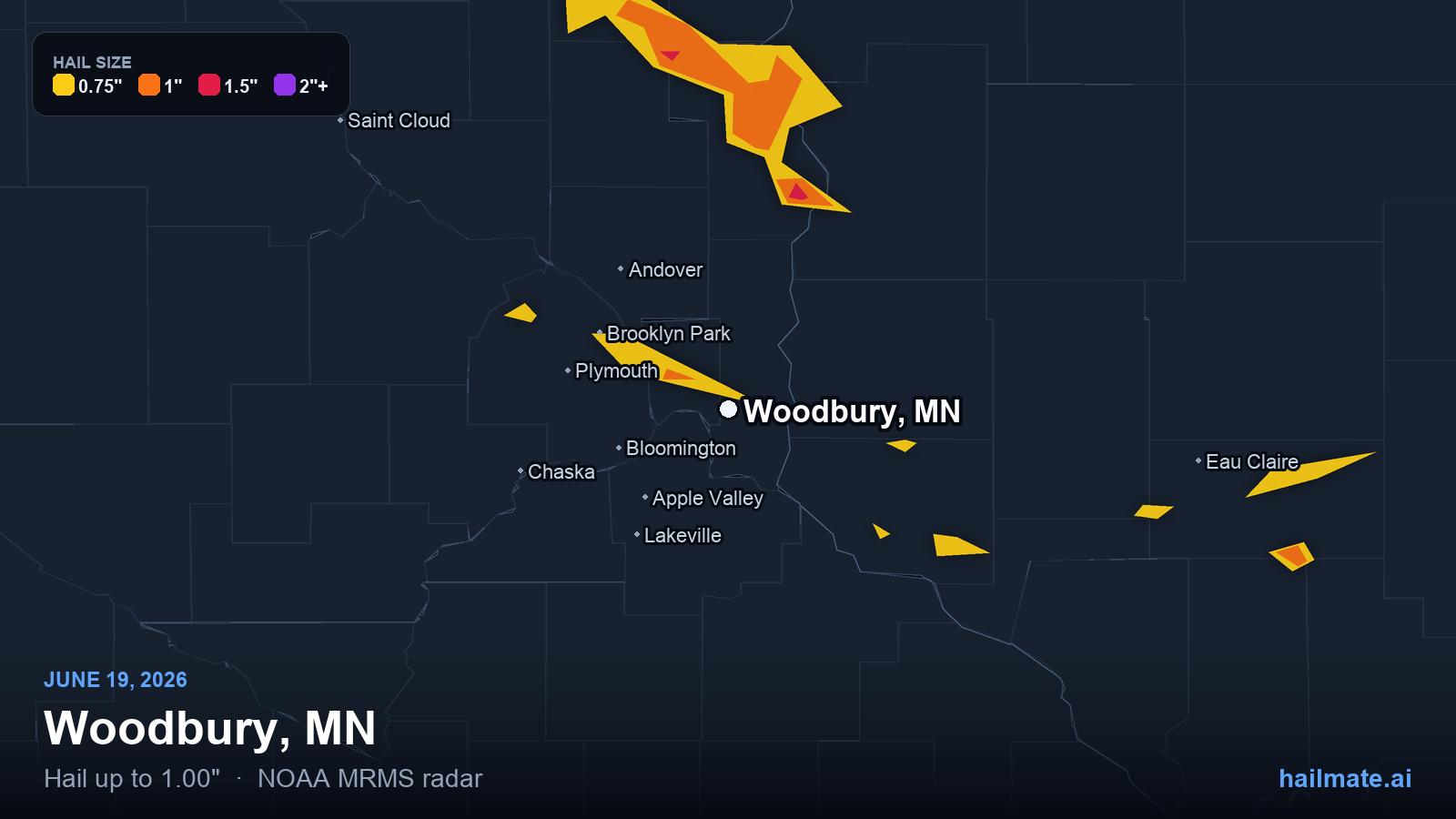 Hail swath map for Woodbury, MN on June 19, 2026 showing 1.00 inch hail.