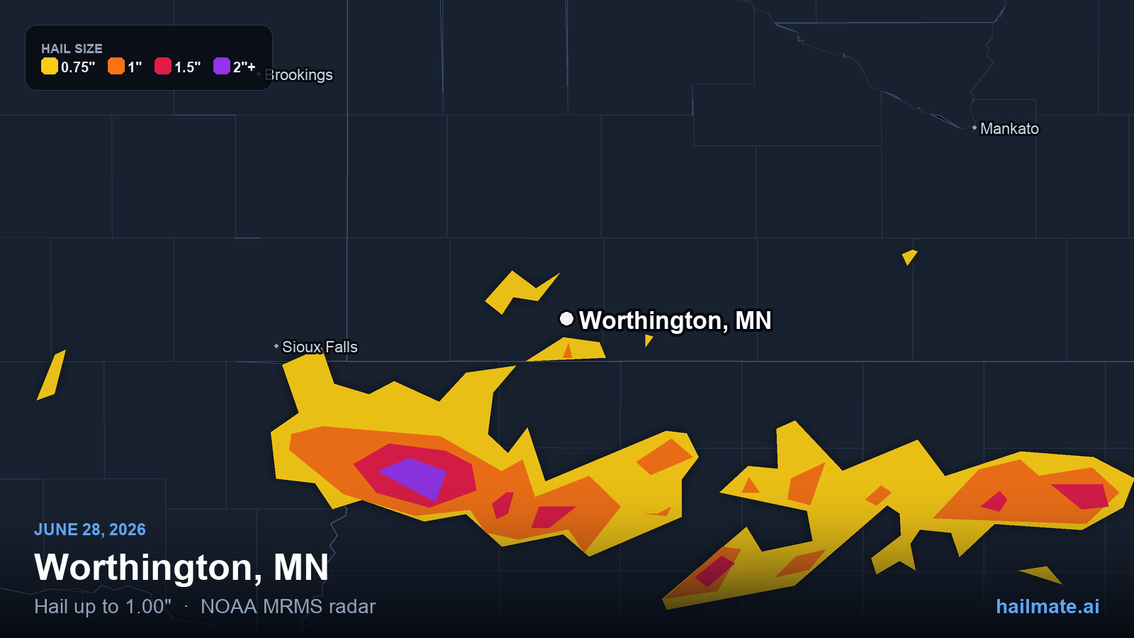 Hail swath map for Worthington, MN on June 28, 2026 showing 1.00 inch hail.