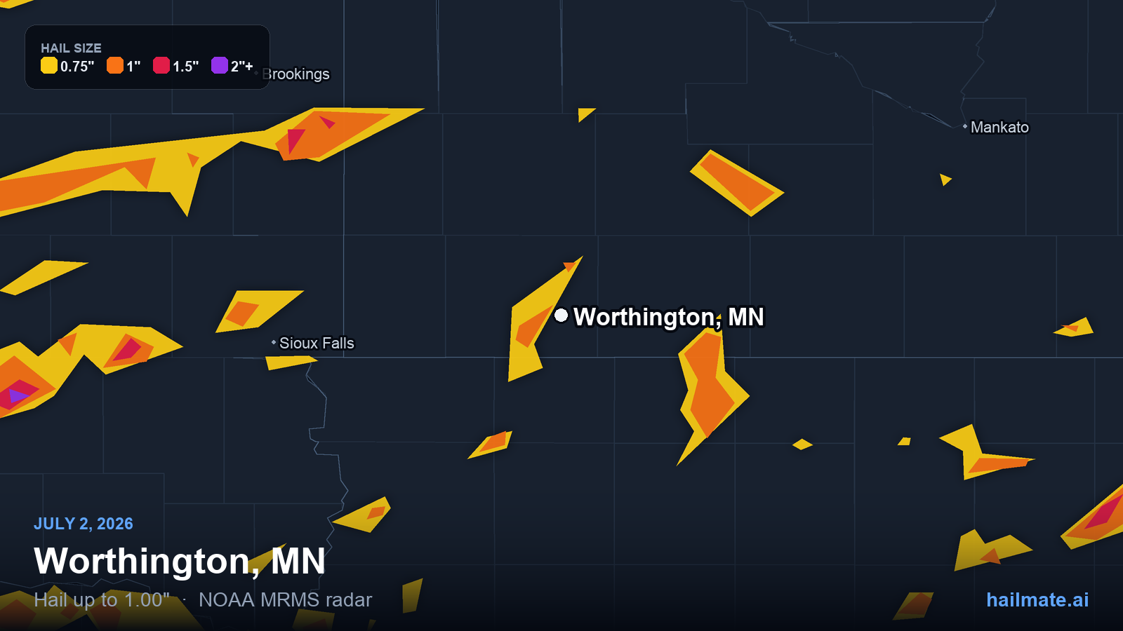 Hail swath map for Worthington, MN on July 2, 2026 showing 1.00 inch hail.