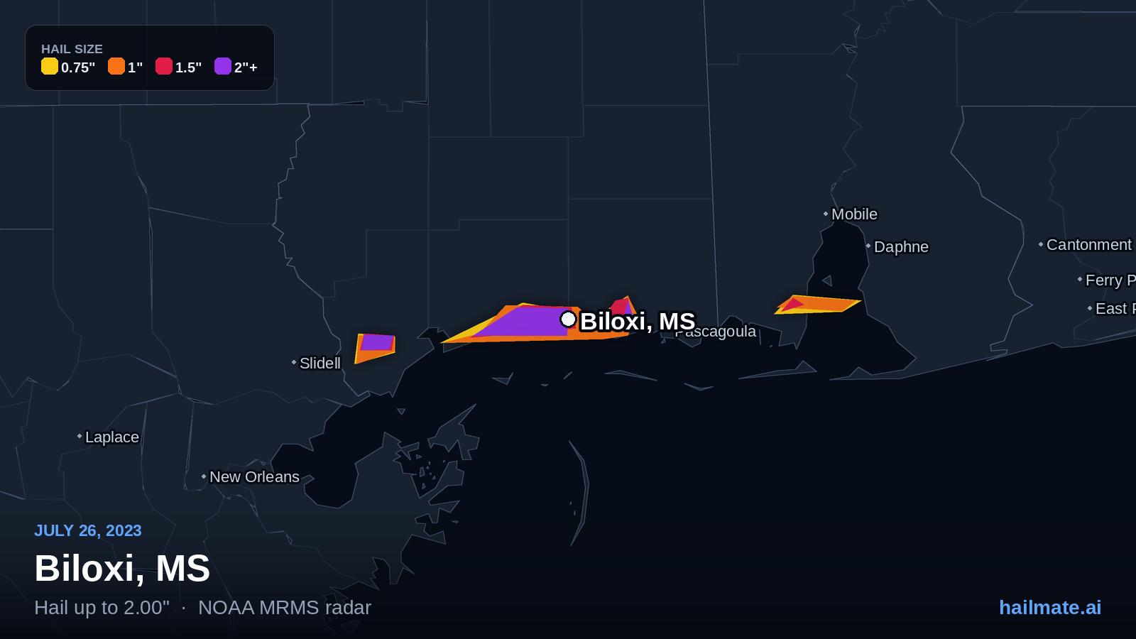 Hail swath map for Biloxi, MS on July 26, 2023 showing 2.00 inch hail.