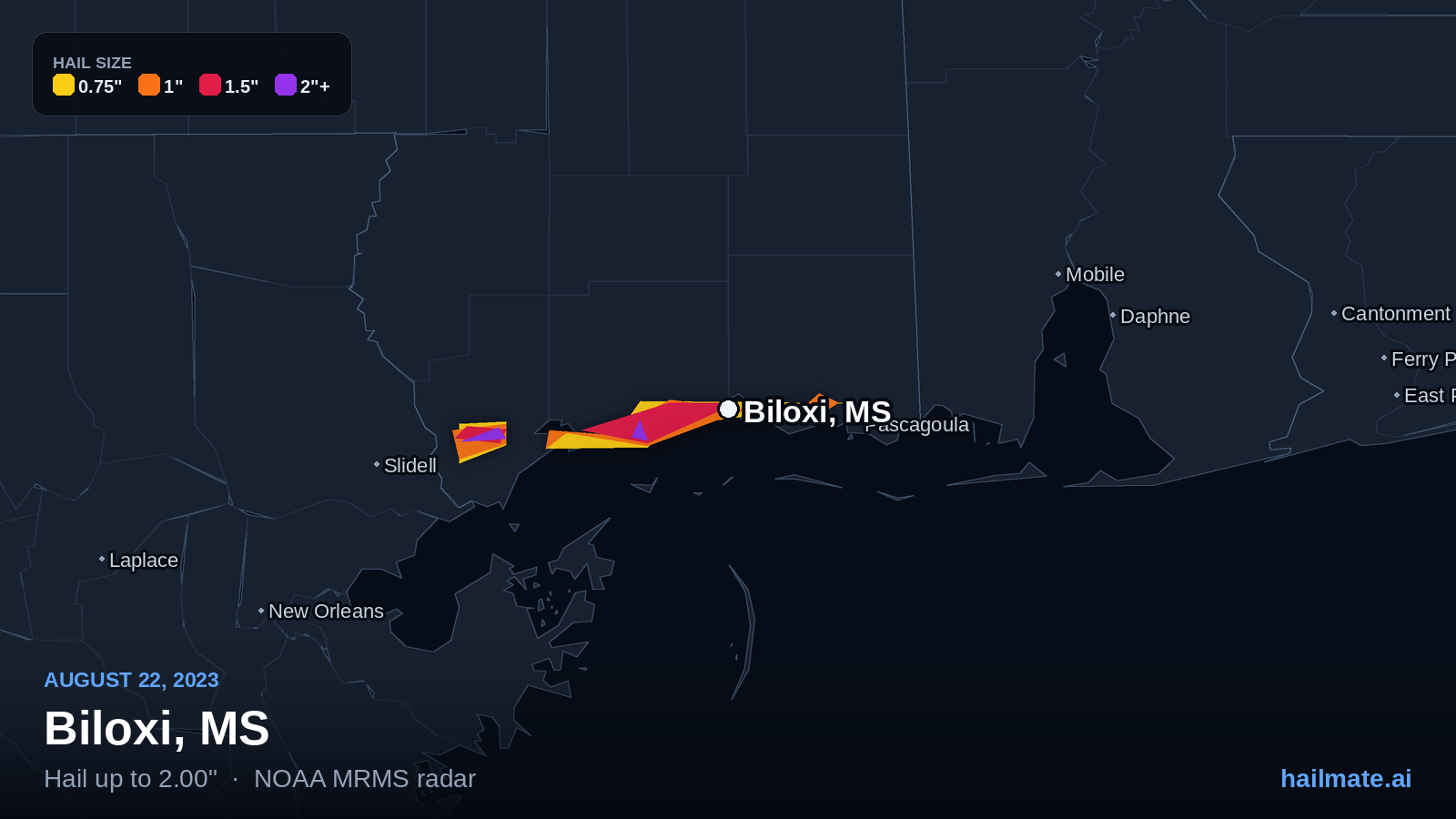 Hail swath map for Biloxi, MS on August 22, 2023 showing 2.00 inch hail.