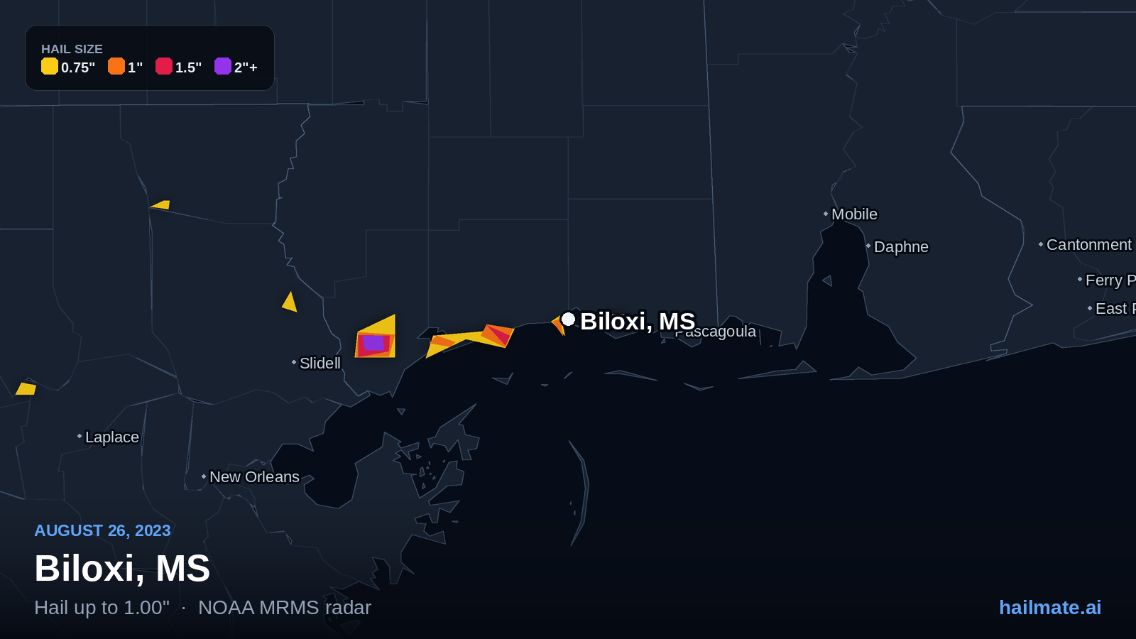 Hail swath map for Biloxi, MS on August 26, 2023 showing 1.00 inch hail.